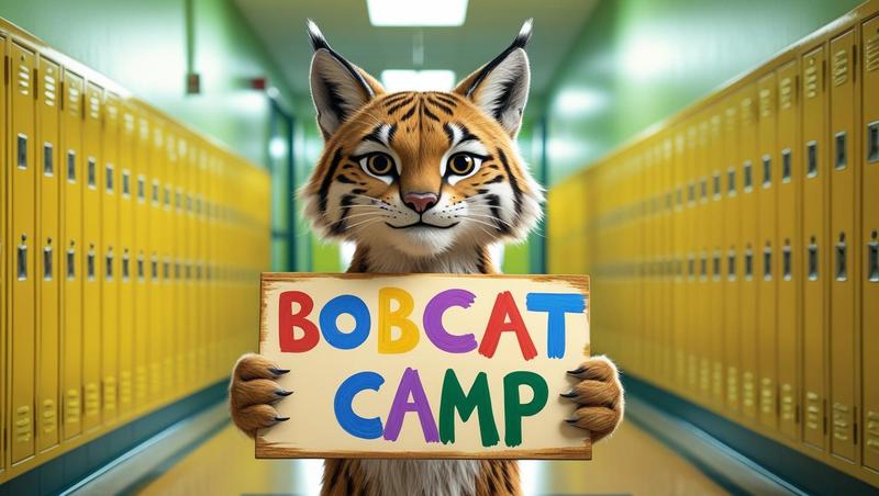 Cheerful bobcat character holding a sign reading 'Bobcat Camp' in a school hallway.