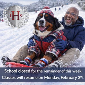 School closing alert with Griffin and Mr. Franklin sledding down the hill.