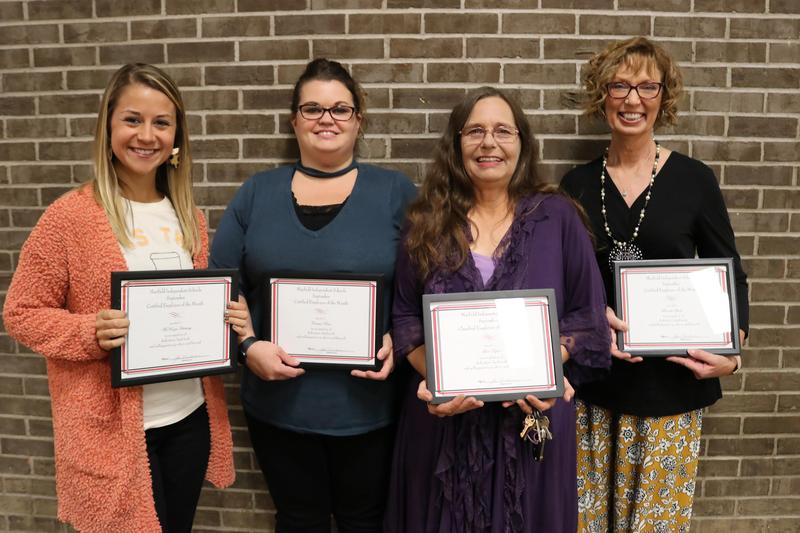 September 2019 Employees of the Month: McKinzie Hackney from MMS; Clarissa Pease from MHS; Lisa Taylor from MES; and Brenda Steele from MES.