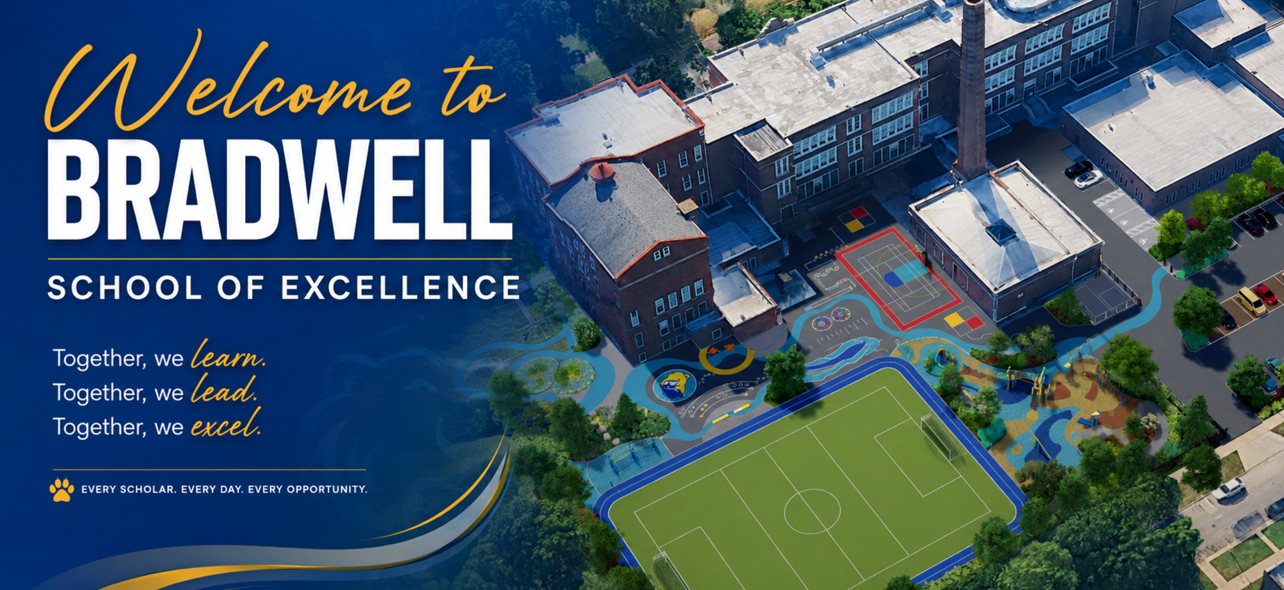 Aerial view of Bradwell School of Excellence with playground and sports field.