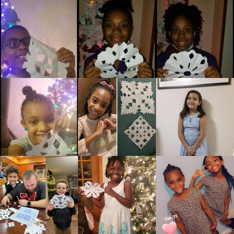 Image shows scholars dressed up and making snowflakes virtually