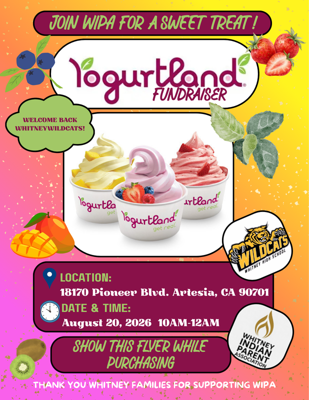 WHS WIPA fundraiser at Yogurtland on Thursday, August 120th from 10am - 12am