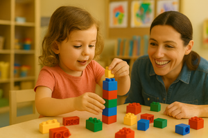 A smiling adult sits with a child playing with DUPLO bricks.