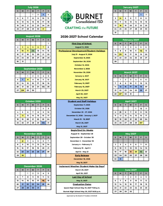 2026-2027 Academic Calendar Approved at February Board Meeting