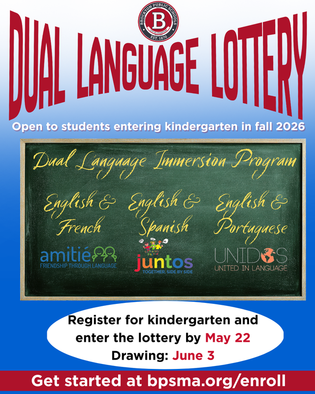 Graphic featuring dual language lottery with chalkboard and logos for the French, Spanish & Portuguese immersion programs
