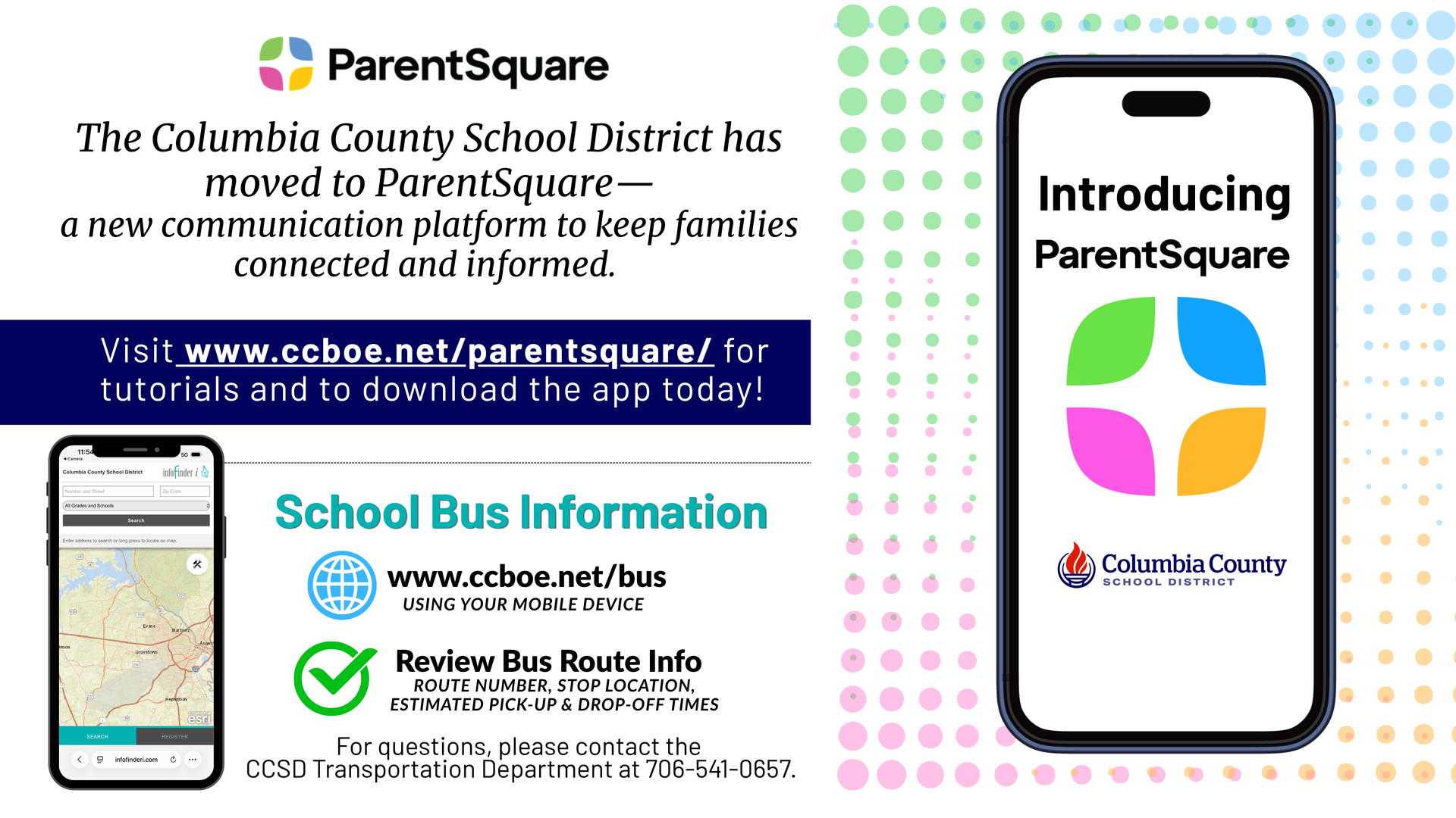 Announcement for ParentSquare communication platform with smartphone graphics.