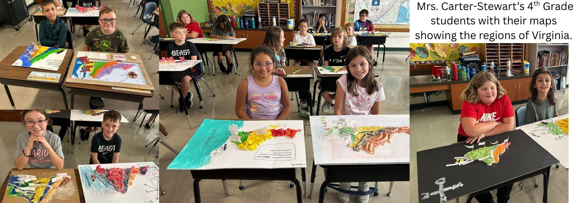 Mrs. Carter-Stewart's 4th grade students with maps they created showing the regions of Virginia.