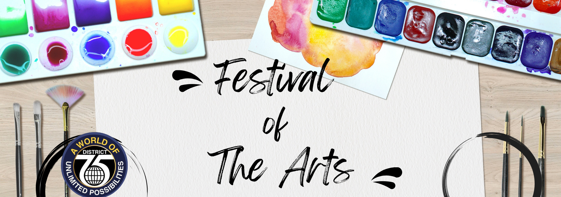 Colorful paint palettes and brushes surrounding text about a festival of the arts.