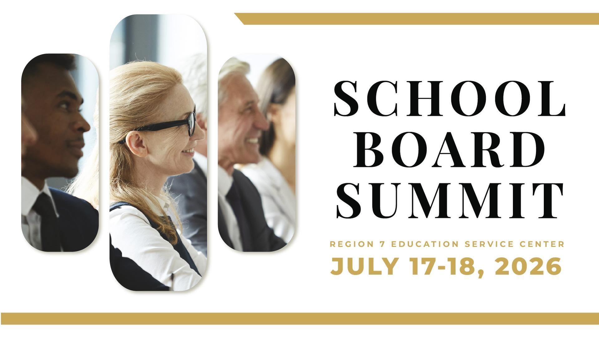 School Board Summit graphic with professionals and July 17–18, 2026 event details