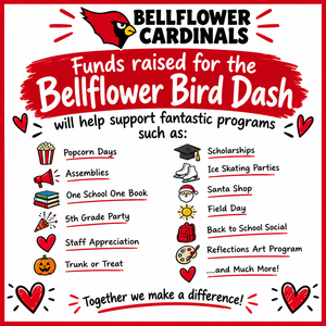 Informative flyer listing programs supported by Bellflower Bird Dash fundraising.
