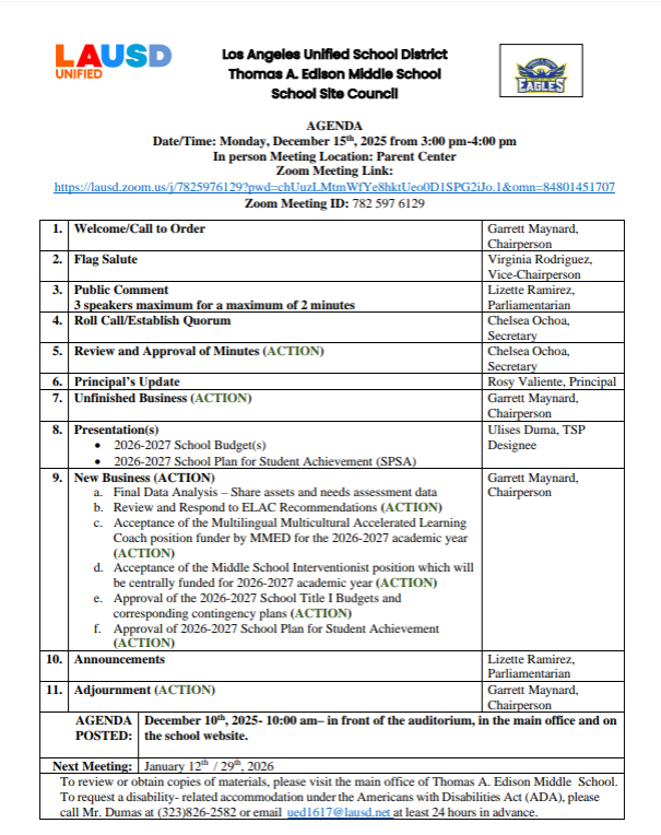 Edison MS-26-27 SSC AGENDA for SPSA and Budget - Bilingual-12-15-25