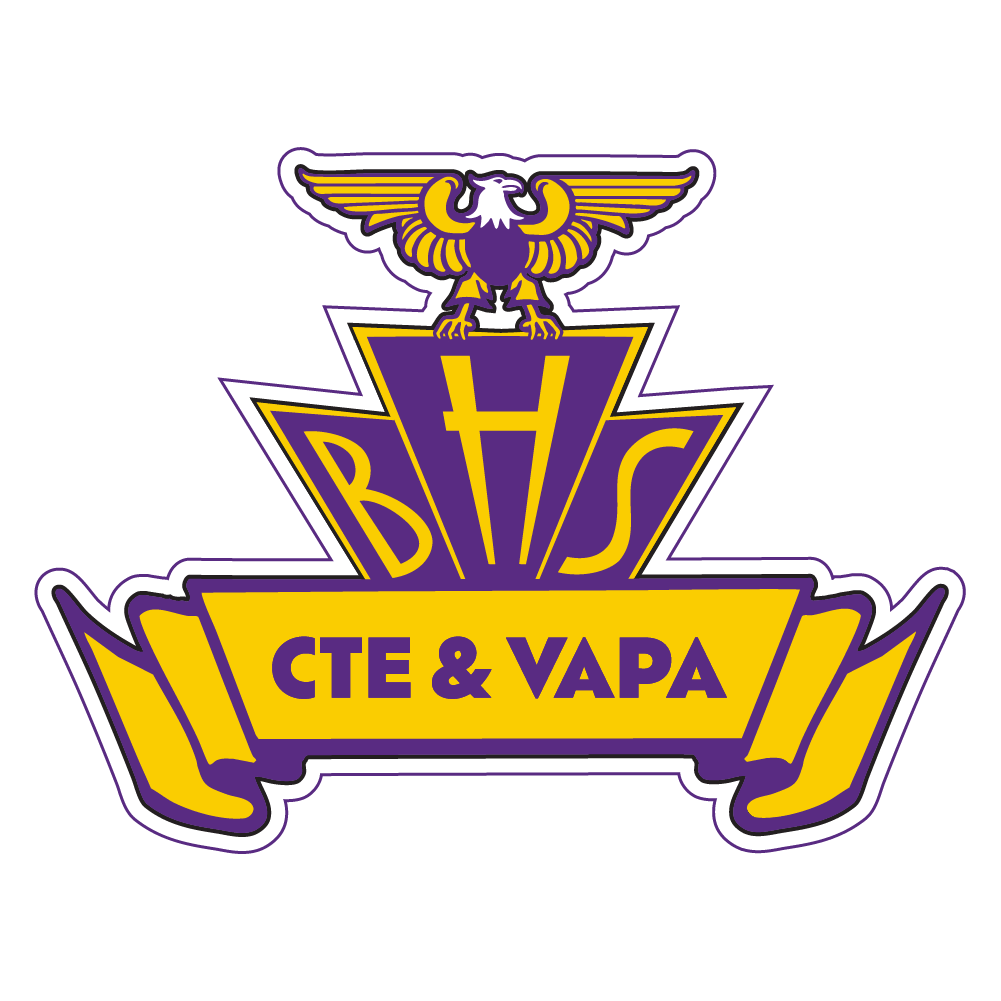 Logo with eagle sitting atop rectangles that say BHS and a banner that reads CTE & VAPA