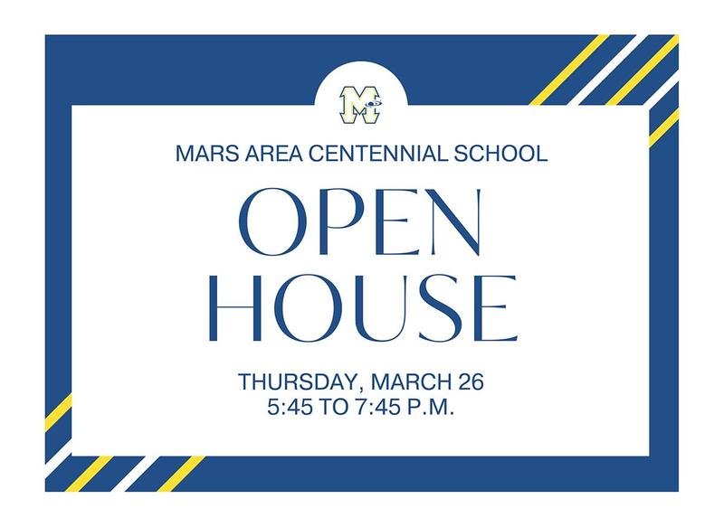 A blue background with yellow stripes and a white box with the words Open House