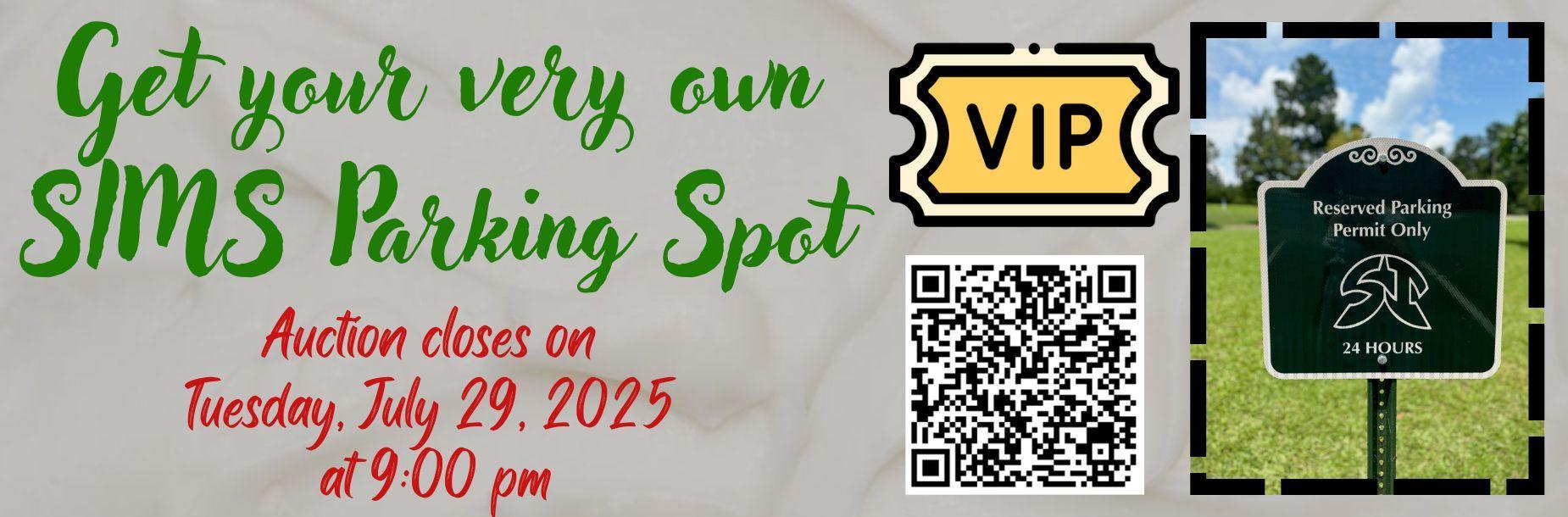 Promotional banner for SIMS parking spot auction with VIP tag and QR code.