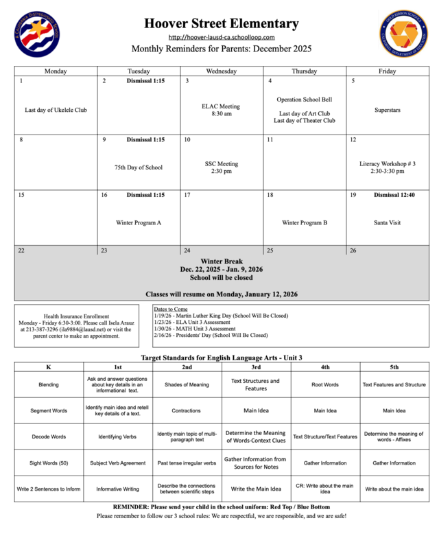 Calendar for the month of December 2025