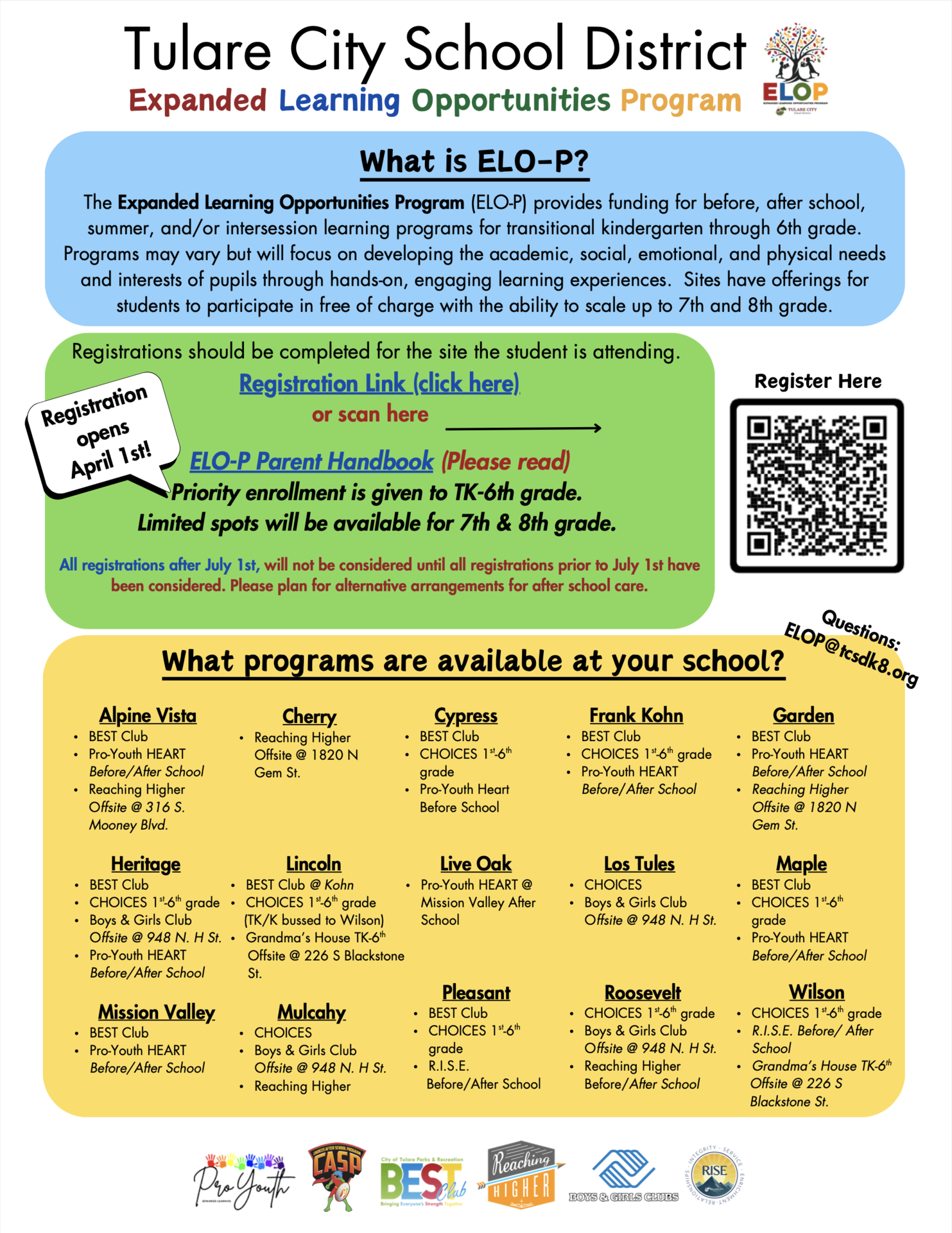 Flyer mapping out TCSD ELOP Opportunities and Link to Register