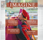 Graduates embracing on the cover of a school district magazine with headlines.