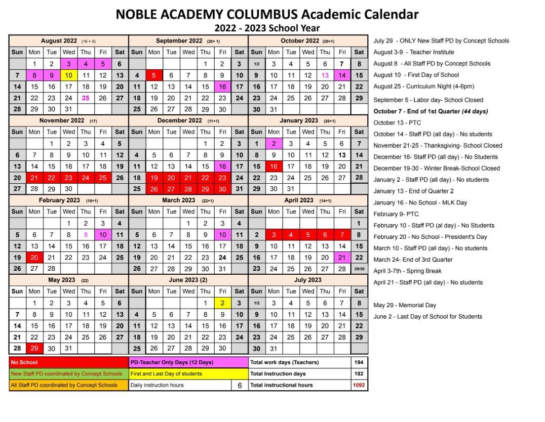 School Calendar – Student Life – Noble Academy Columbus