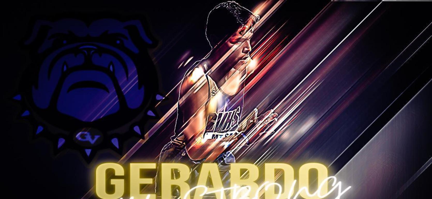 Dynamic graphic featuring an athlete in motion with text 'Gerardo Strong' and a bulldog logo.