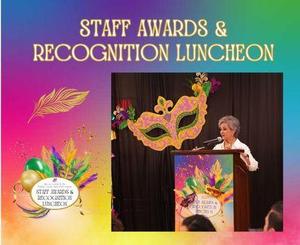 Staff Award Madi Gras theme photo with Ms. Pena
