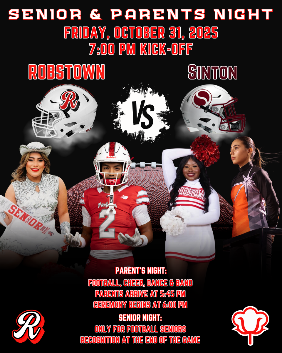 Robstown vs. Sinton football event flyer with details on senior night and activities.