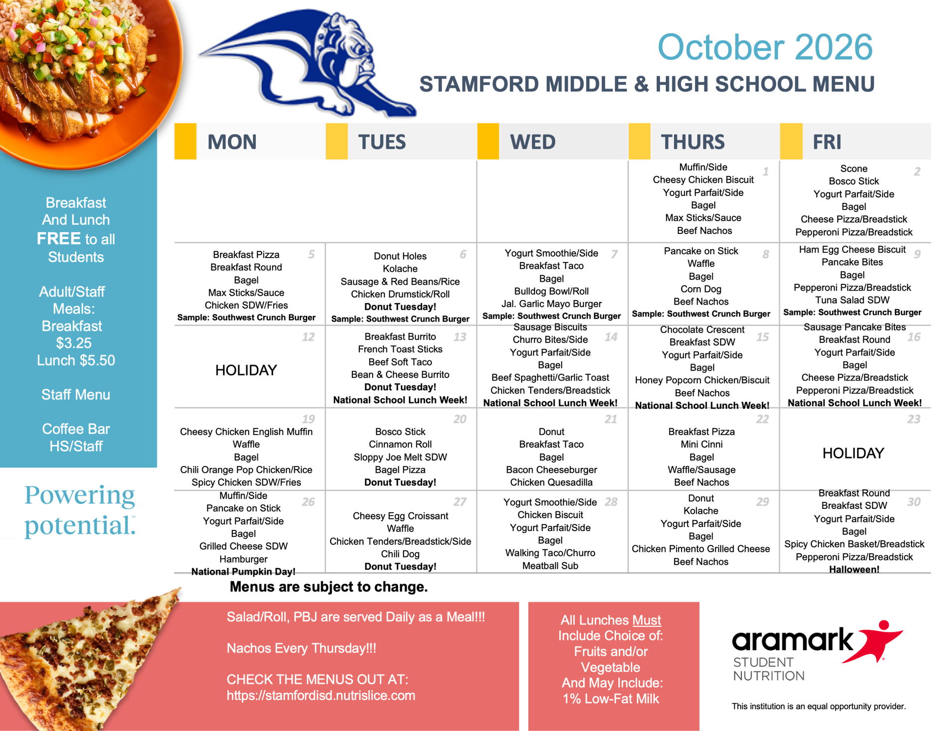 HS and MS October Menu 2026