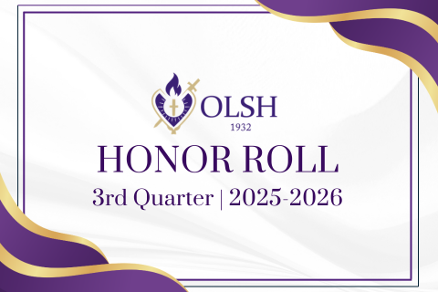 certificate style graphic with purple and gold corners with text OLSH Honor Roll