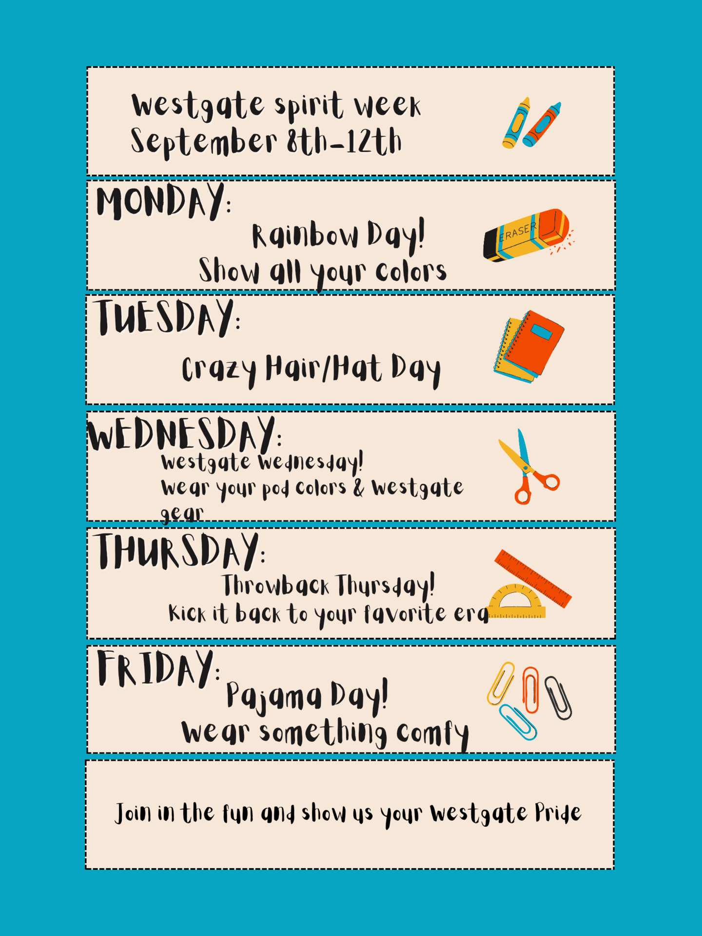Spirit Week is Sept 8-12