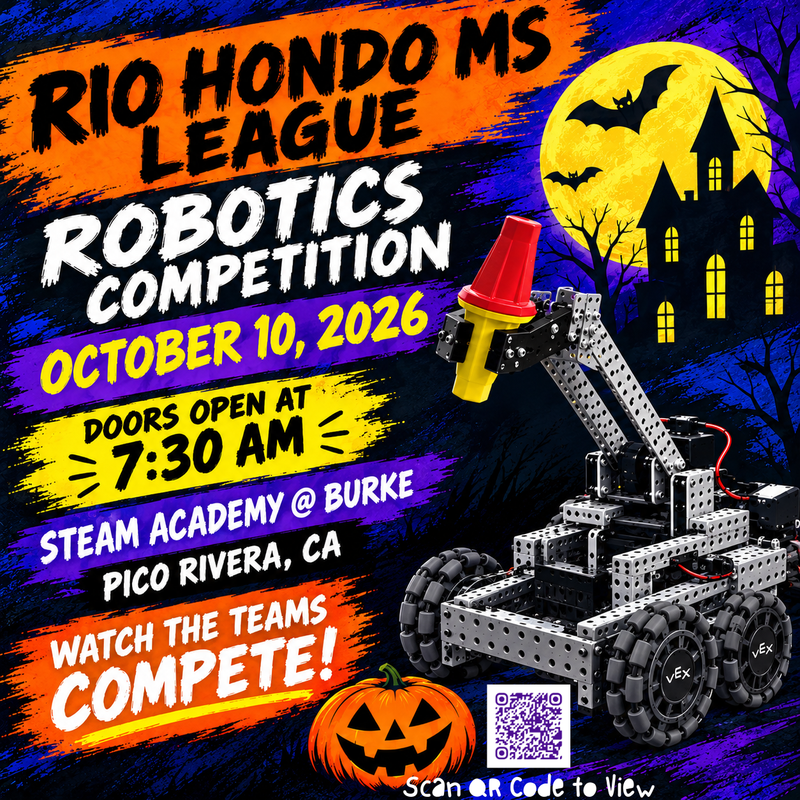 Cheer on our Jaguars at the Robotics Competition at STEAM Academy @ Burke on Saturday, October 10, starting at 7:30 AM, or scan the QR code to watch the live stream!