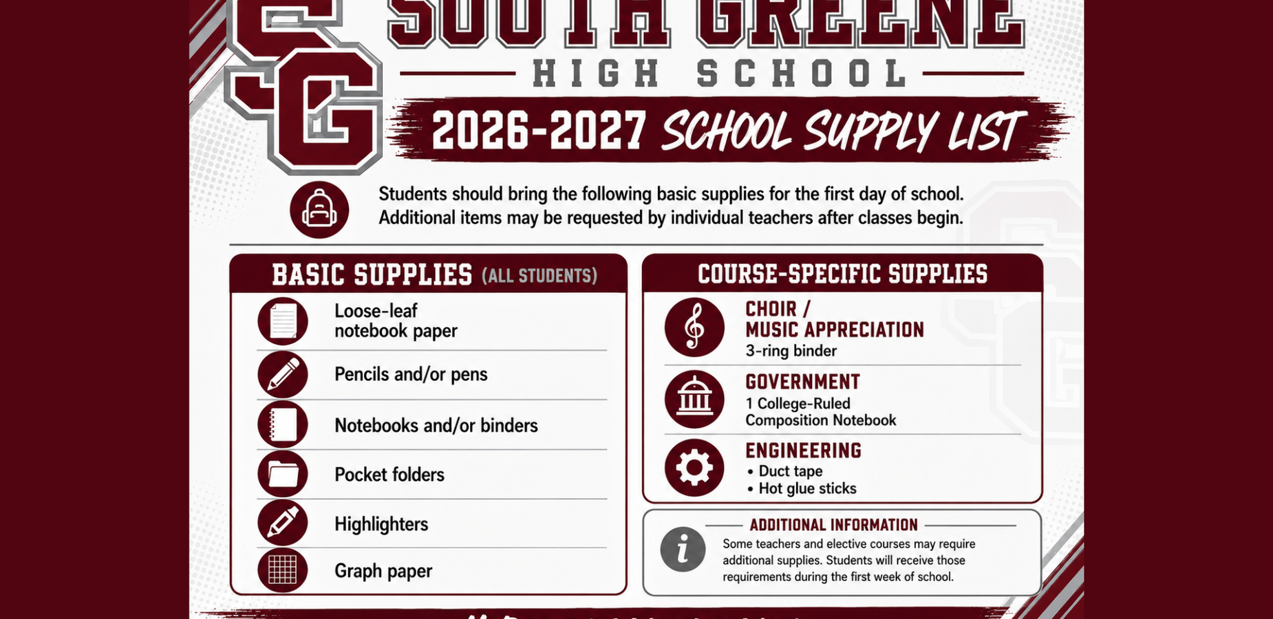 South Greene High School 2026-2027 school supply list. Includes basic student supplies for all students and course specific supplies.