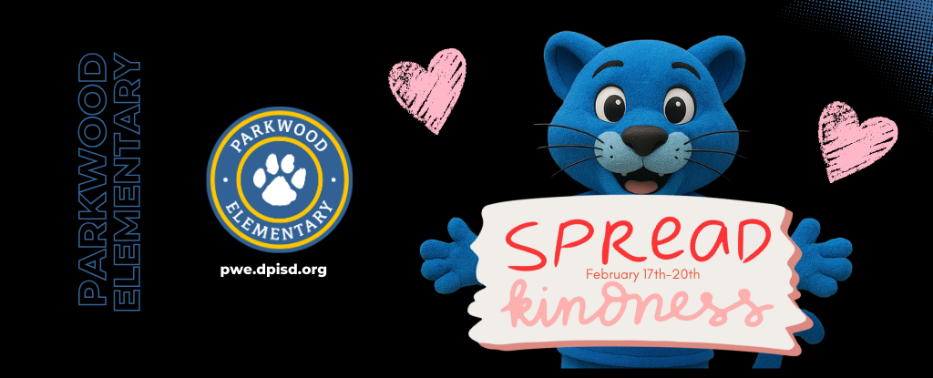 Blue cartoon panther mascot with hearts promoting kindness for Parkwood Elementary.