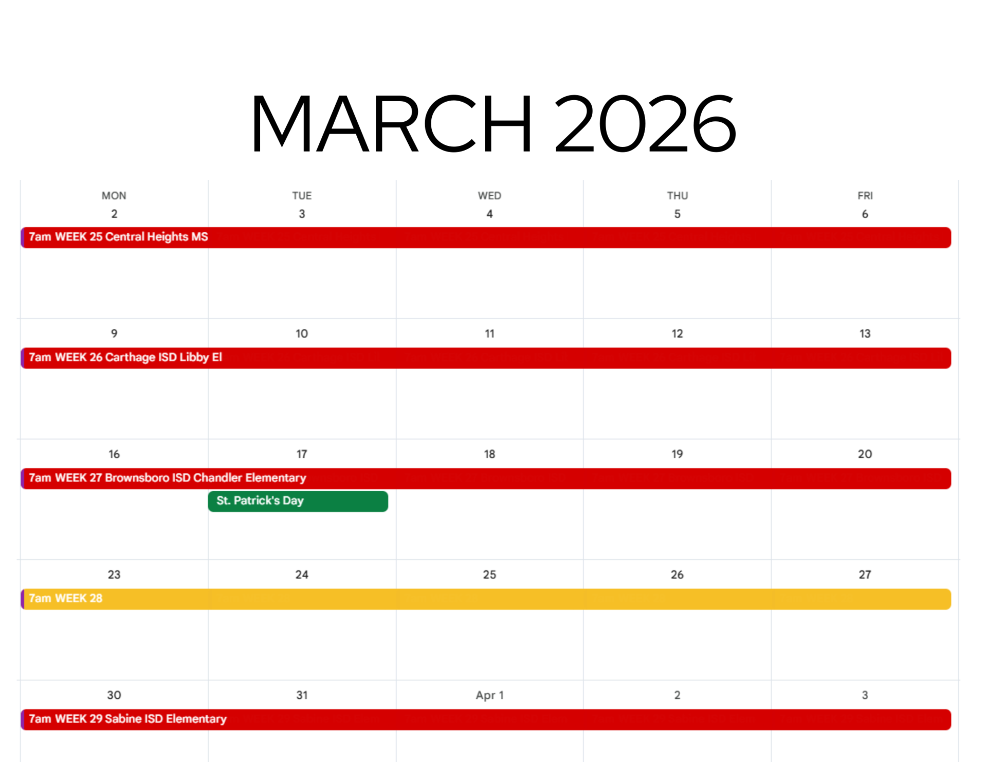 March 2026 calendar.  Week 28, March 23-27 is still available.