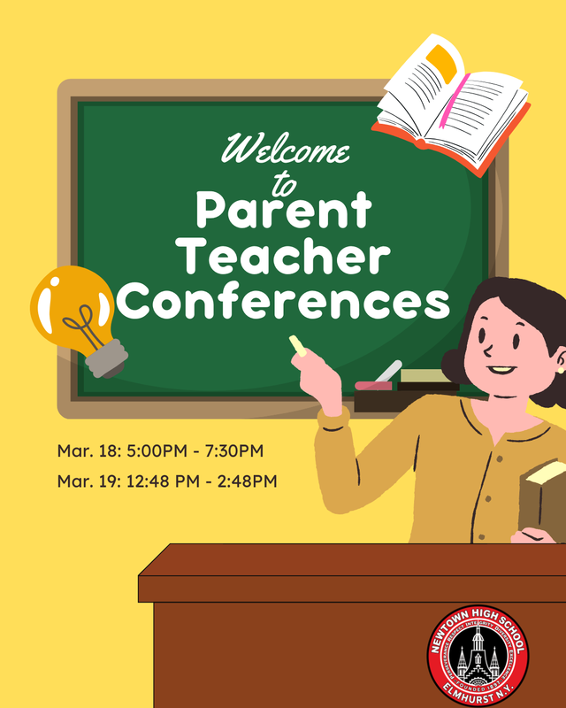 Parent Teacher Conference. Image of a teacher and a blackboard. Mar. 18 from 5:00PM to 7:30PM. Mar19 from 12:48 to 2:48.