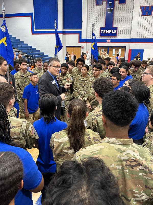 Dr. Bobby Ott speaks to cadets following the pass-in-review ceremony