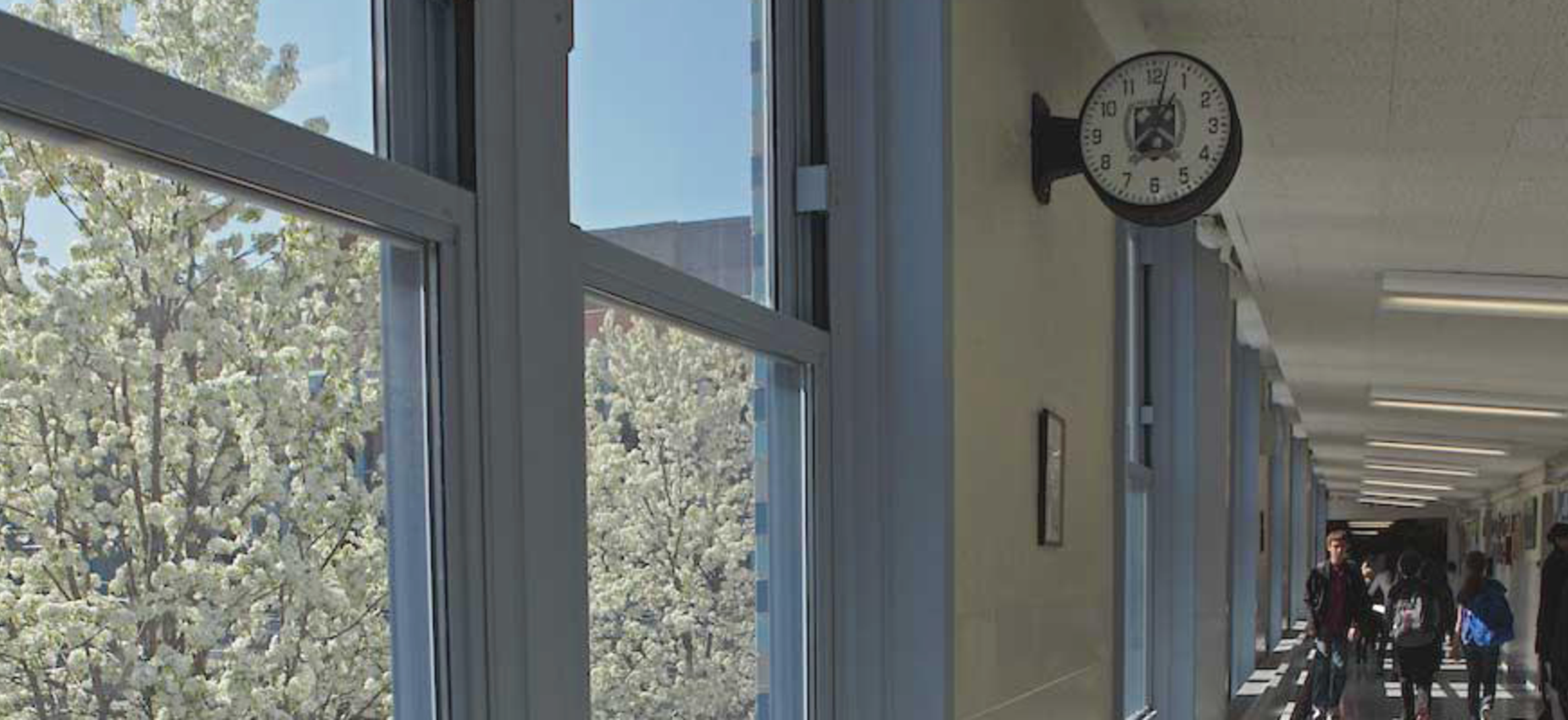 Photo of a hallway looking out into the Courtyard with trees and spring blossoms.