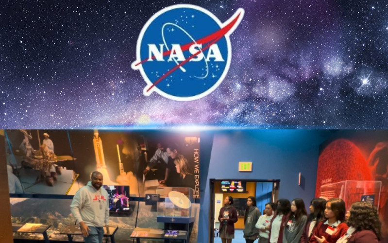 A NASA exhibit with a speaker and a group of attentive visitors.