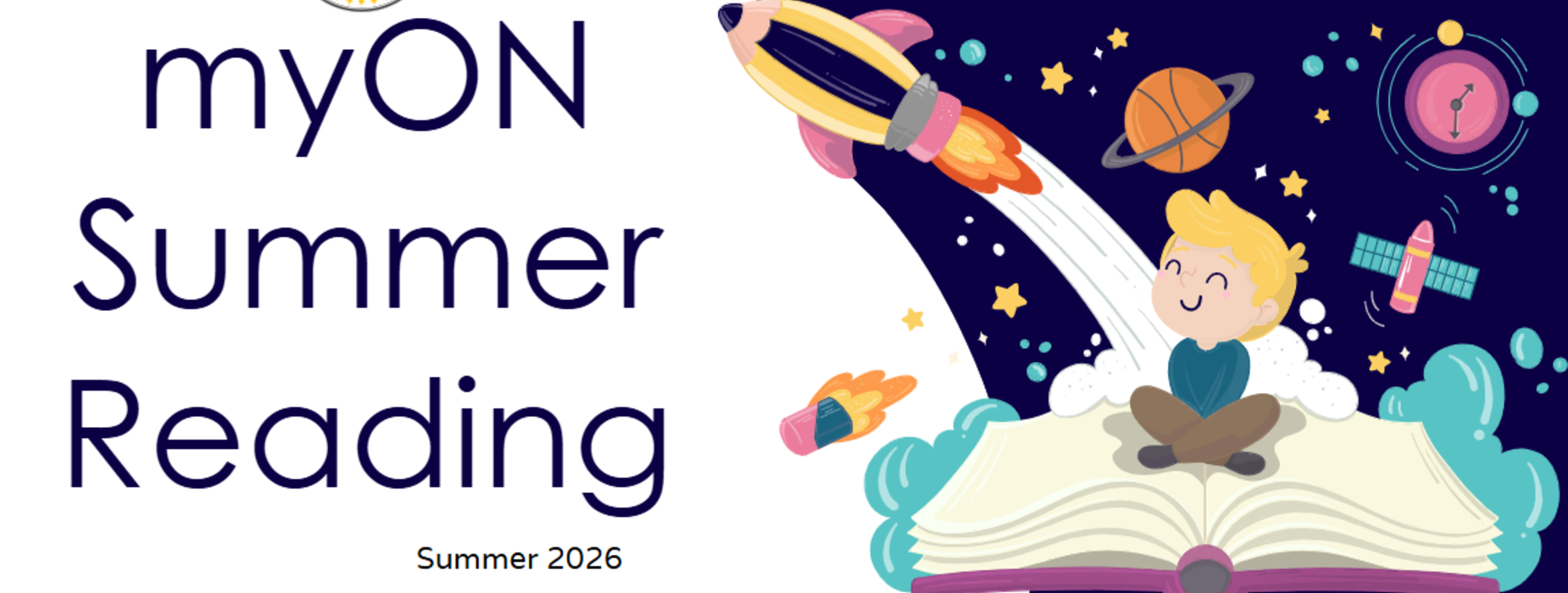A boy sitting on an open book, surrounded by rockets, planets, and a clock.