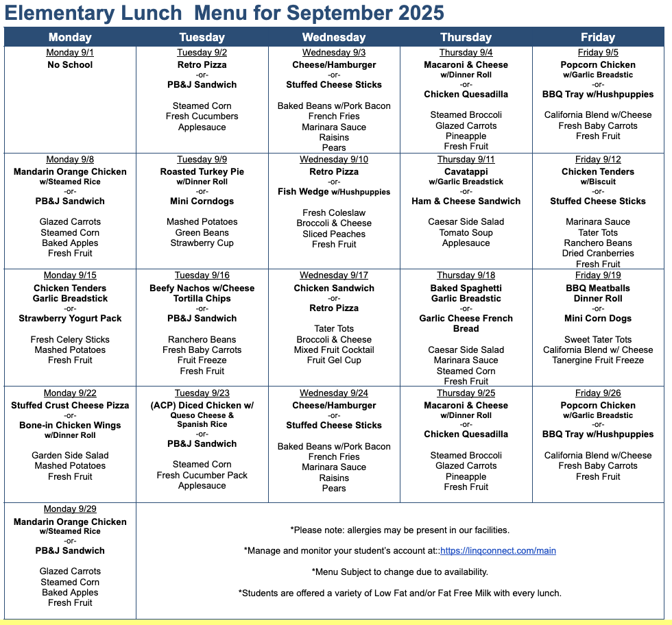 September Lunch Menu