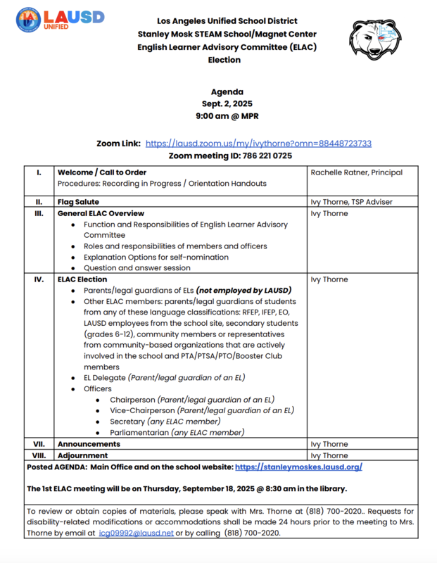 ELAC Parent Election Agenda English