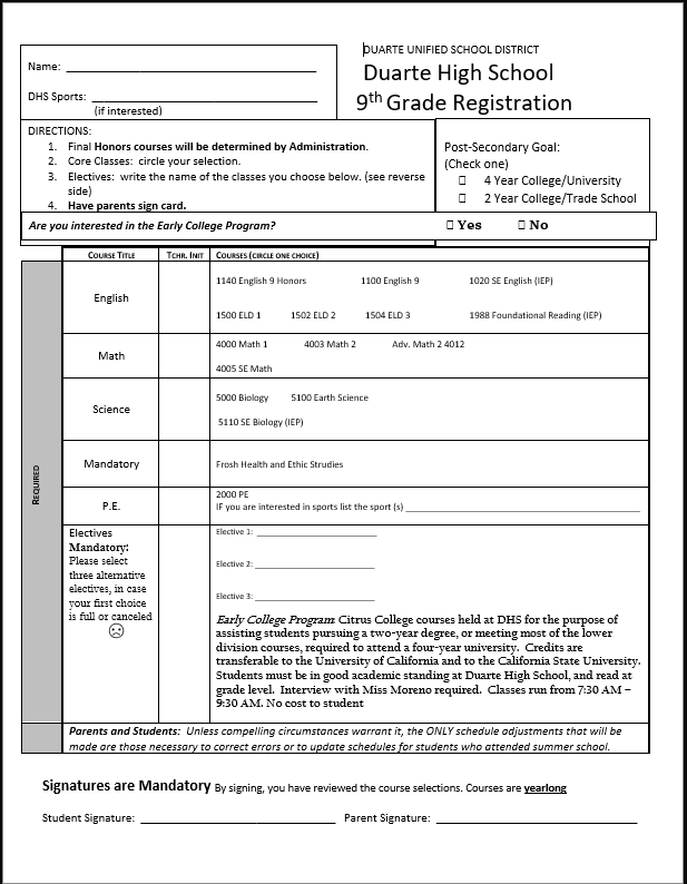 Registration – Campus Life – Duarte High School