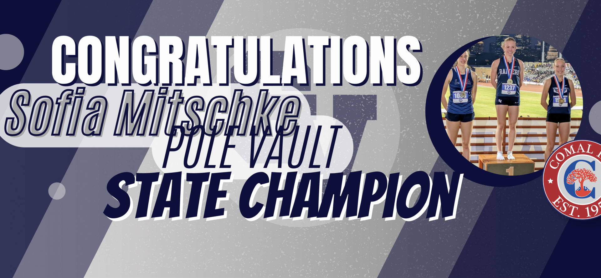 Banner congratulating Sofia Mitschke for winning pole vault state championship.