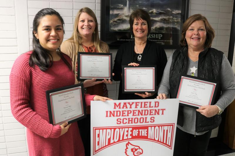 Cassandra Huizar, Amanda Edwards, Mitzi Guhy, and Debbie Klapp are pictured together as Mayfield Independent's Employees of the Month for November 2019.