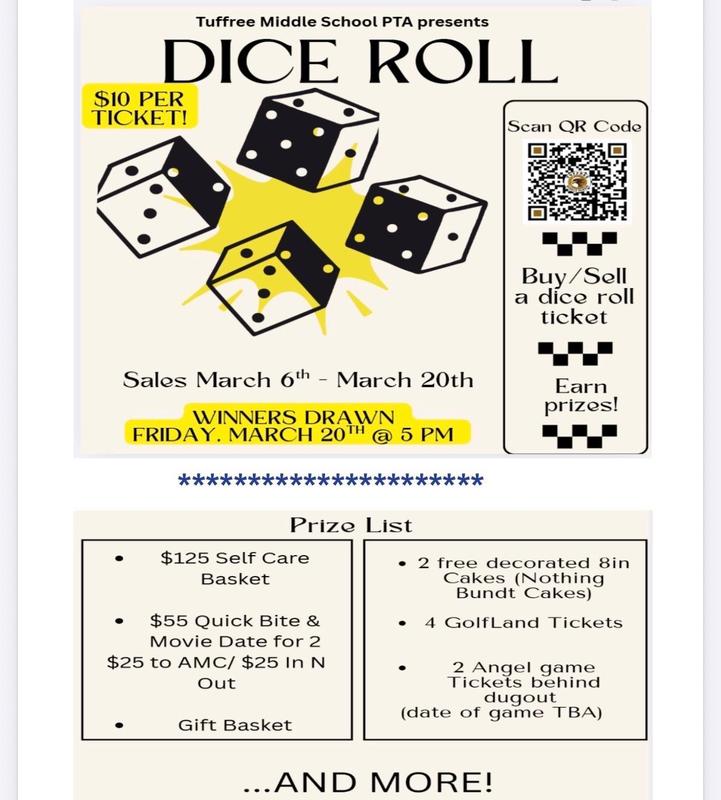 PTA Dice Roll Opportunity Fundraiser flyer and QR code to purchase tickets.