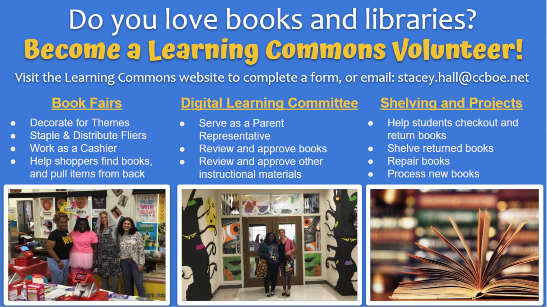 Text promoting library volunteer opportunities with colorful visuals.