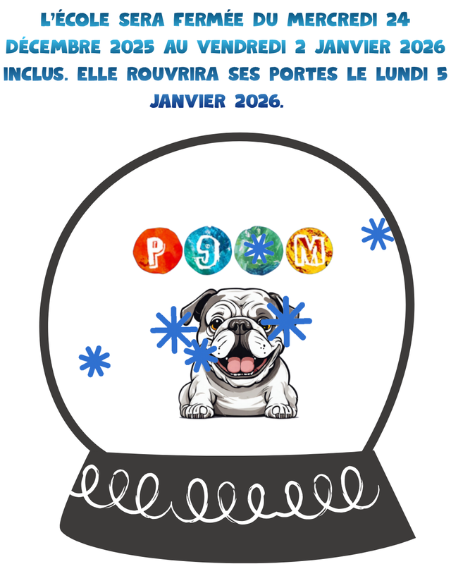 French- A cartoon snow globe contains a smiling bulldog, colorful snowflakes, and the word TEAM.