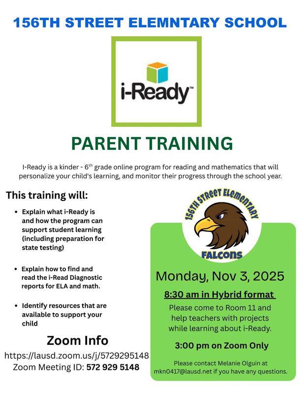 i-Ready Parent Workshop on November 3 at 8:30 am (Hybrid format) and 3 pm (Zoom only)