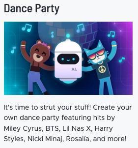 Promotional graphic for Dance Party featuring a bear, cat, and dancing characters.