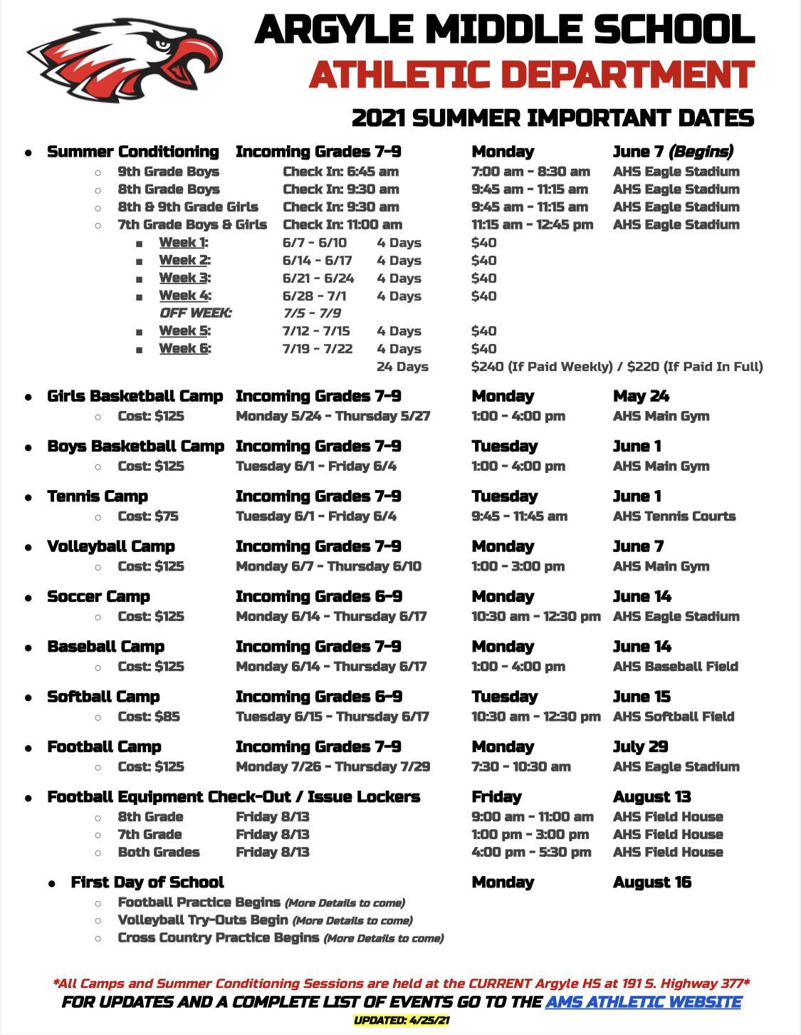 Ams Summer Camps Middle School Athletics Argyle Independent School District