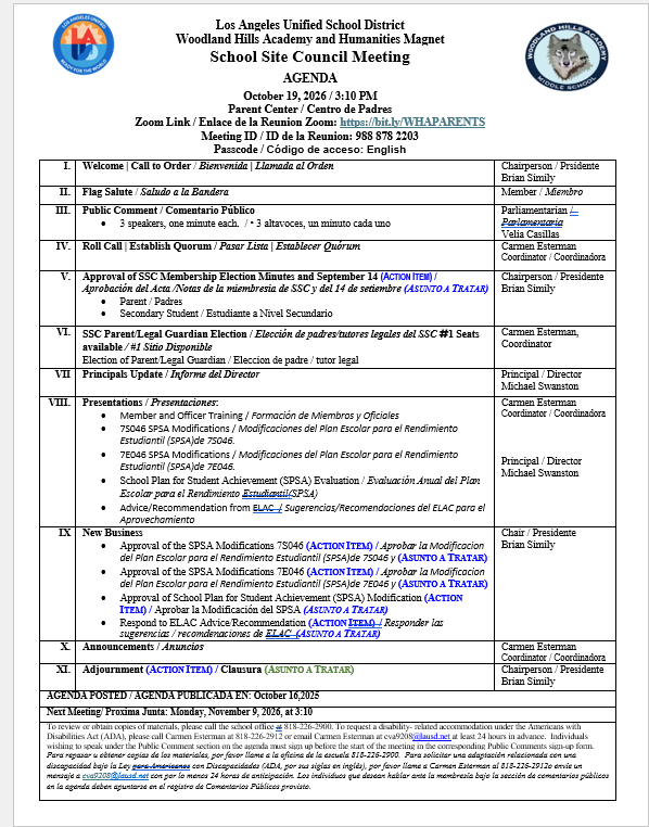 School Site Council Agenda for Monday, October 19th at 3:10 pm Featured Photo