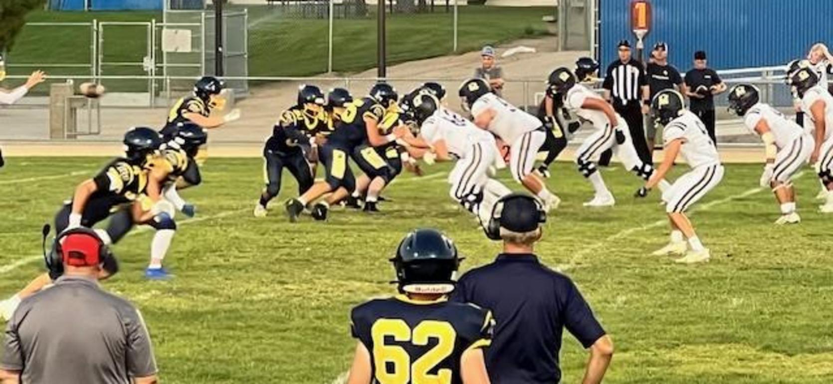 Football players in action on the field during a game.